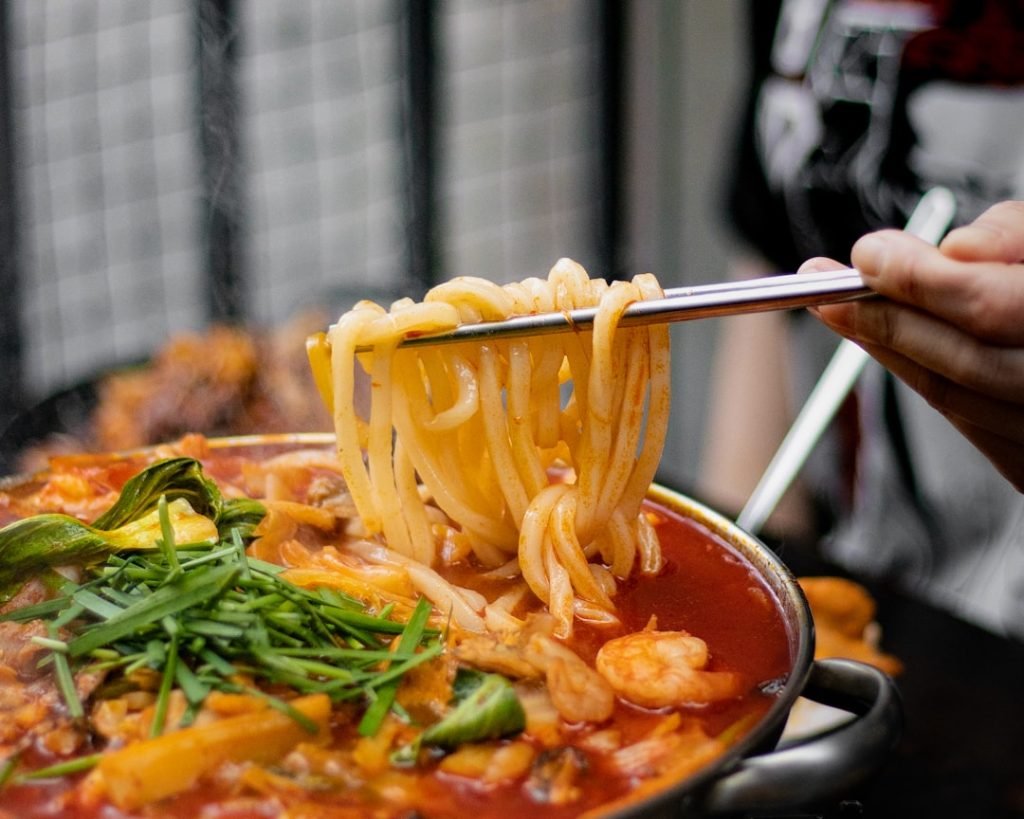 Korean seafood noodle hotpot from Pocha in Auckland CBD, New Zealand.